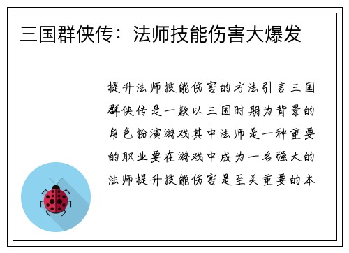 三国群侠传：法师技能伤害大爆发